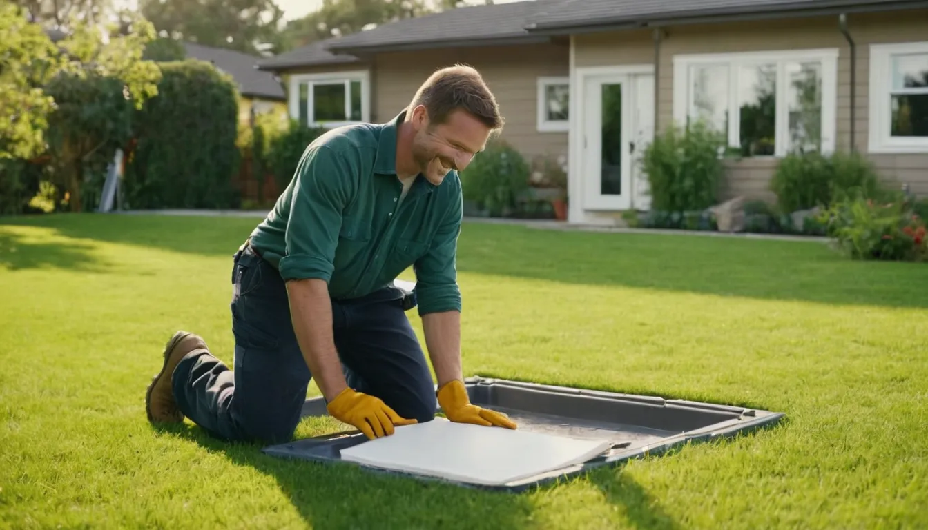 Local septic provider inspecting a yard and tank access lid with a homeowner in the Aurora area